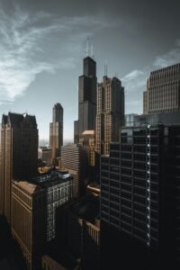 Elevated view of Chicago's modern skyline with the iconic Willis Tower.